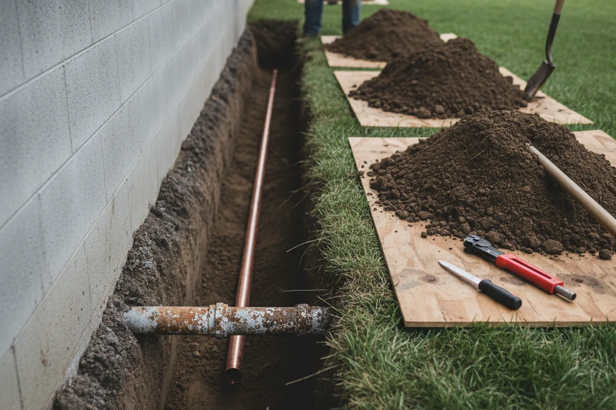Excavated water line trench during Water Softener Installation in Sylvania